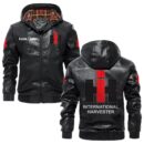 Custom Name International Harvester PU Leather Hooded Jacket - Personalized Logo Car Motorcycle Model
