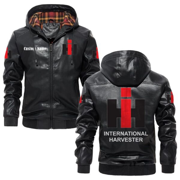 Custom Name International Harvester PU Leather Hooded Jacket - Personalized Logo Car Motorcycle Model