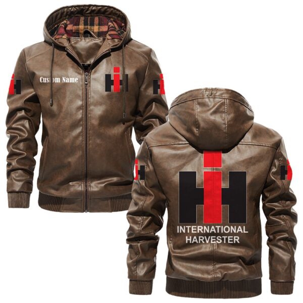 Custom Name International Harvester PU Leather Hooded Jacket - Personalized Logo Car Motorcycle Model - Image 3