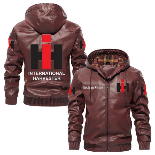 Custom Name International Harvester PU Leather Hooded Jacket - Personalized Logo Car Motorcycle Model - Image 2
