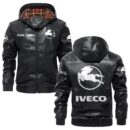 Custom Name Iveco PU Leather Hooded Jacket - Personalized Logo Car Motorcycle Model