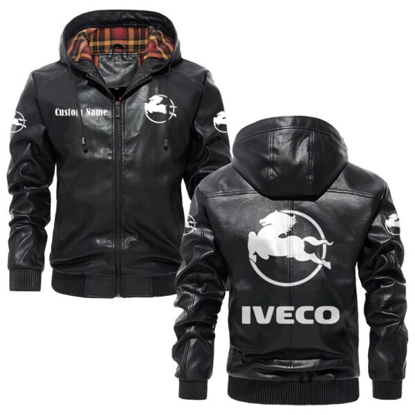 Custom Name Iveco PU Leather Hooded Jacket - Personalized Logo Car Motorcycle Model