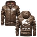 Custom Name Iveco PU Leather Hooded Jacket - Personalized Logo Car Motorcycle Model
