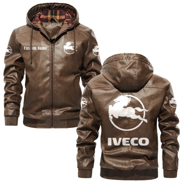 Custom Name Iveco PU Leather Hooded Jacket - Personalized Logo Car Motorcycle Model - Image 3