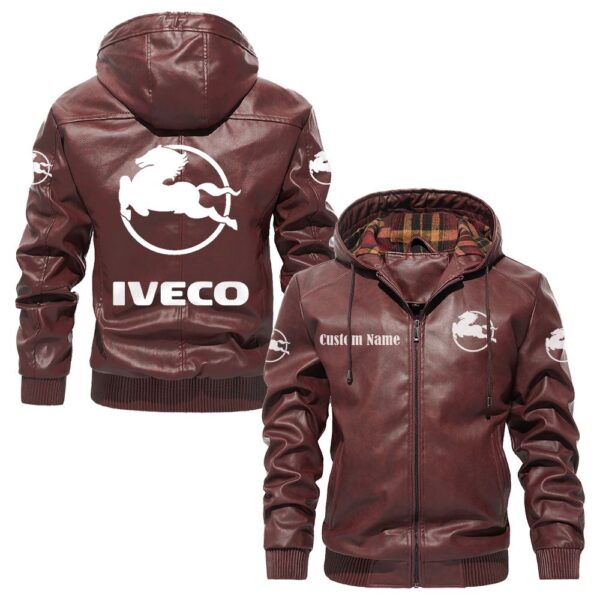 Custom Name Iveco PU Leather Hooded Jacket - Personalized Logo Car Motorcycle Model - Image 2
