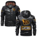 Custom Name Jcb PU Leather Hooded Jacket - Personalized Logo Car Motorcycle Model