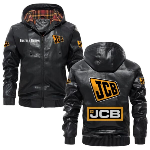 Custom Name Jcb PU Leather Hooded Jacket - Personalized Logo Car Motorcycle Model