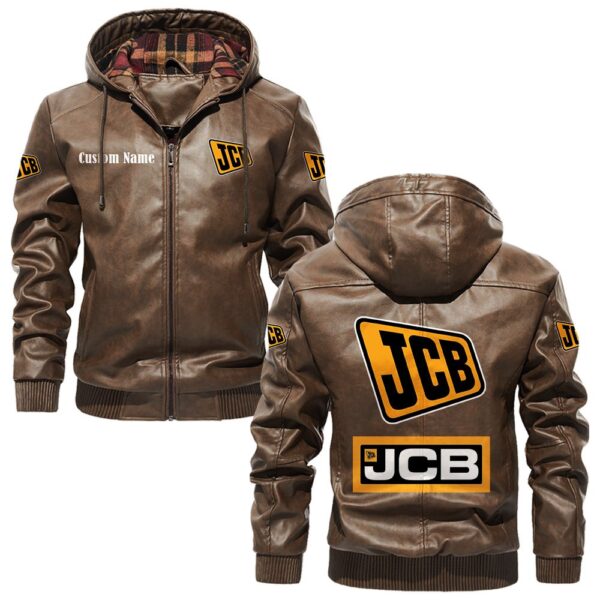 Custom Name Jcb PU Leather Hooded Jacket - Personalized Logo Car Motorcycle Model - Image 3