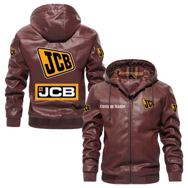 Custom Name Jcb PU Leather Hooded Jacket - Personalized Logo Car Motorcycle Model - Image 2