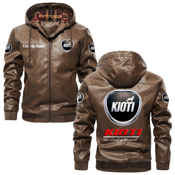 Custom Name Kioti PU Leather Hooded Jacket - Personalized Logo Car Motorcycle Model - Image 3