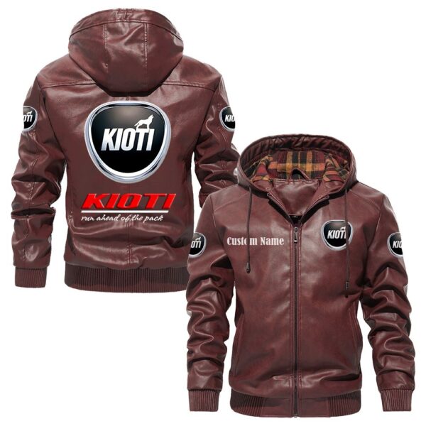 Custom Name Kioti PU Leather Hooded Jacket - Personalized Logo Car Motorcycle Model - Image 2