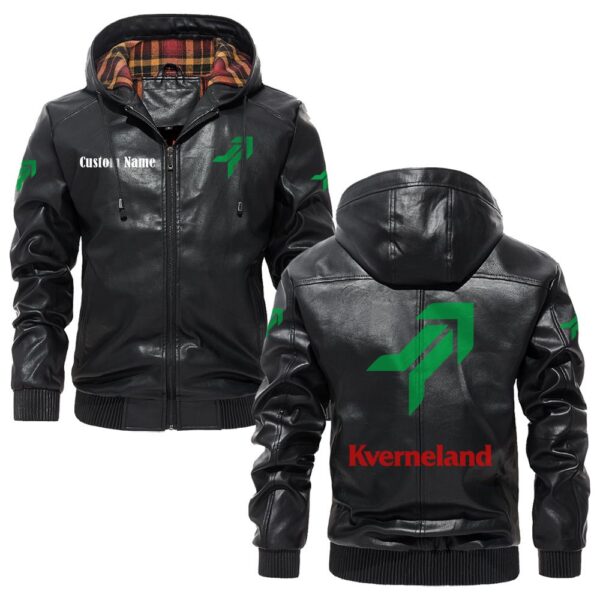 Custom Name Kverneland PU Leather Hooded Jacket - Personalized Logo Car Motorcycle Model