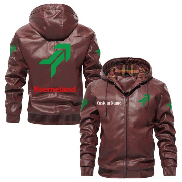 Custom Name Kverneland PU Leather Hooded Jacket - Personalized Logo Car Motorcycle Model - Image 2