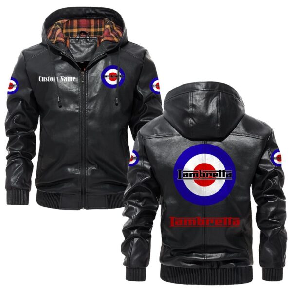 Custom Name Lambretta PU Leather Hooded Jacket - Personalized Logo Car Motorcycle Model