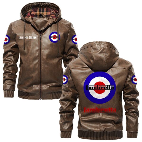 Custom Name Lambretta PU Leather Hooded Jacket - Personalized Logo Car Motorcycle Model - Image 3