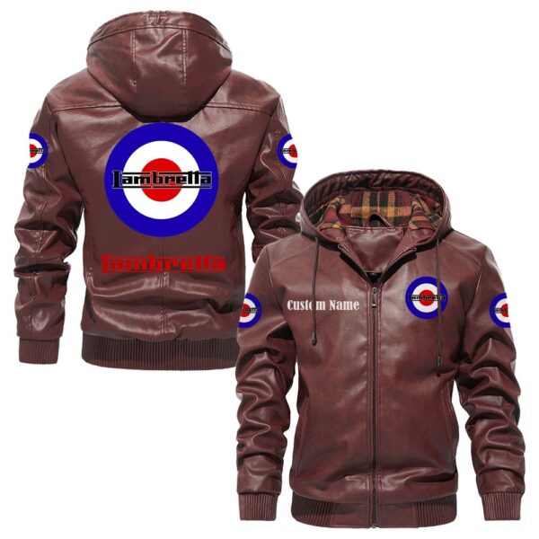 Custom Name Lambretta PU Leather Hooded Jacket - Personalized Logo Car Motorcycle Model - Image 2