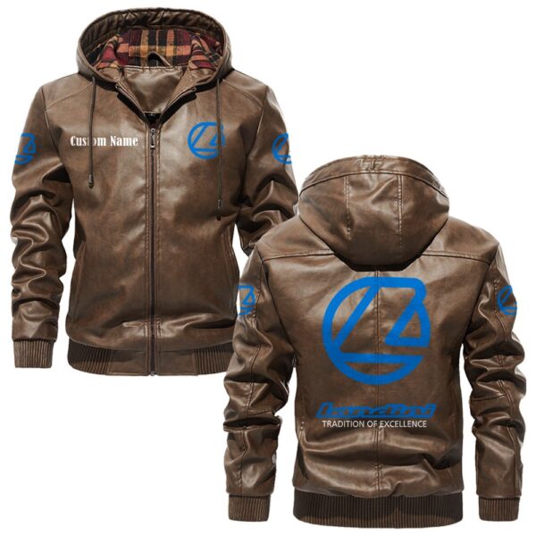 Custom Name Landini PU Leather Hooded Jacket - Personalized Logo Car Motorcycle Model - Image 3