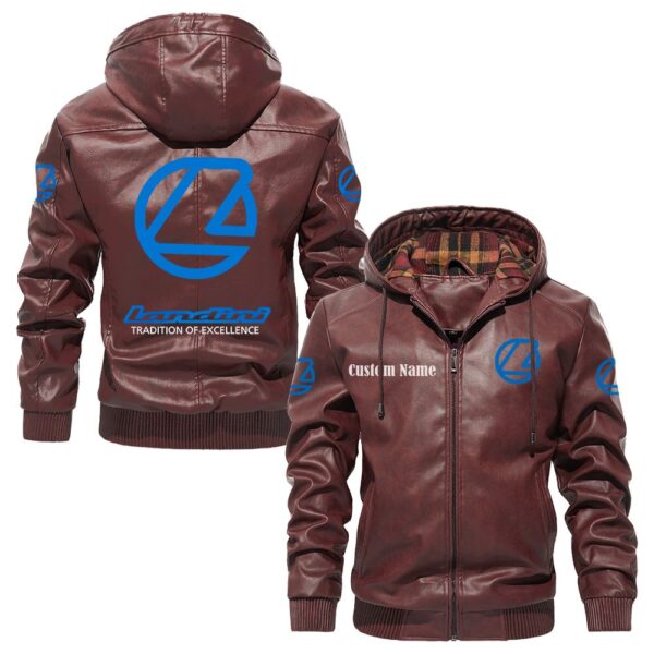 Custom Name Landini PU Leather Hooded Jacket - Personalized Logo Car Motorcycle Model - Image 2