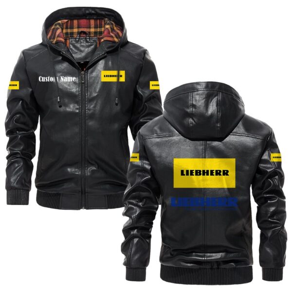Custom Name Liebherr PU Leather Hooded Jacket - Personalized Logo Car Motorcycle Model