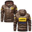 Custom Name Liebherr PU Leather Hooded Jacket - Personalized Logo Car Motorcycle Model