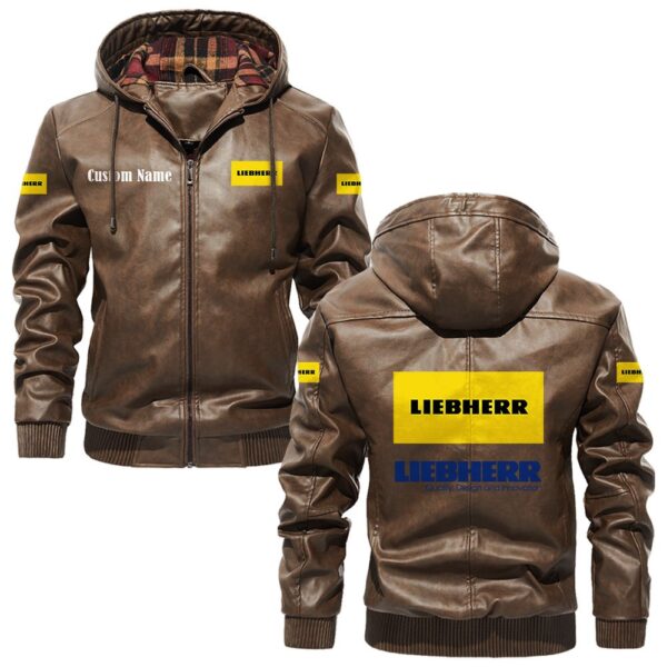 Custom Name Liebherr PU Leather Hooded Jacket - Personalized Logo Car Motorcycle Model - Image 3