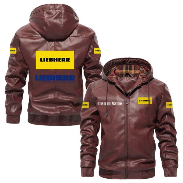 Custom Name Liebherr PU Leather Hooded Jacket - Personalized Logo Car Motorcycle Model - Image 2