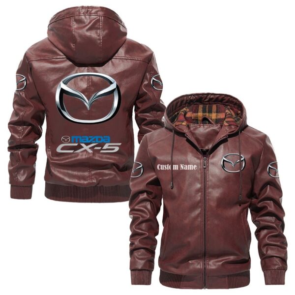 Custom Name Mazda Cx5 PU Leather Hooded Jacket - Personalized Logo Car Motorcycle Model - Image 2