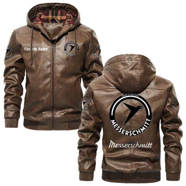 Custom Name Messerschmitt PU Leather Hooded Jacket - Personalized Logo Car Motorcycle Model - Image 3