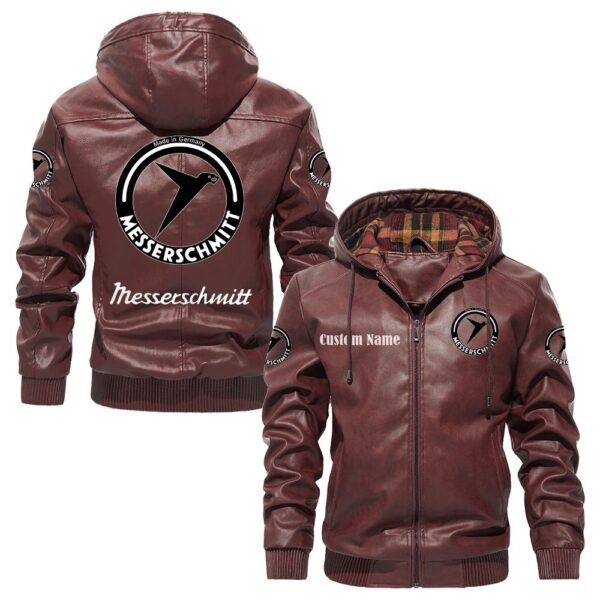 Custom Name Messerschmitt PU Leather Hooded Jacket - Personalized Logo Car Motorcycle Model - Image 2
