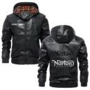Custom Name Norton PU Leather Hooded Jacket - Personalized Logo Car Motorcycle Model