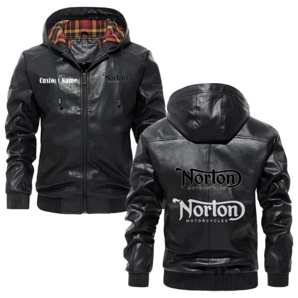 Custom Name Norton PU Leather Hooded Jacket - Personalized Logo Car Motorcycle Model