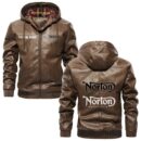 Custom Name Norton PU Leather Hooded Jacket - Personalized Logo Car Motorcycle Model