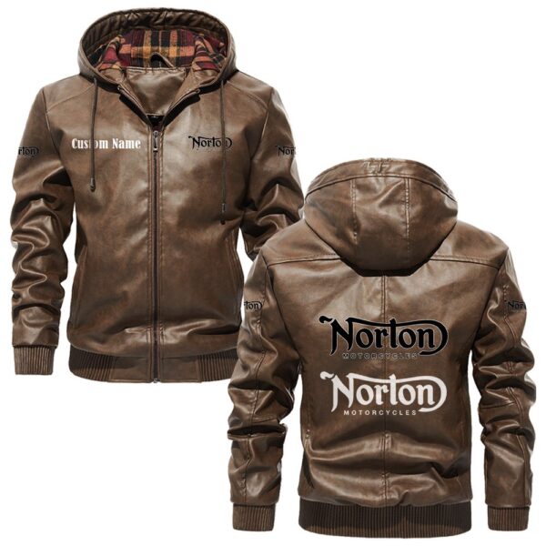 Custom Name Norton PU Leather Hooded Jacket - Personalized Logo Car Motorcycle Model - Image 3