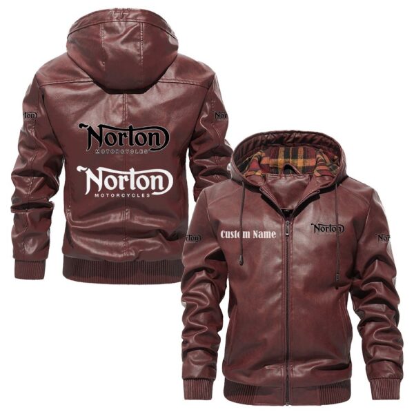 Custom Name Norton PU Leather Hooded Jacket - Personalized Logo Car Motorcycle Model - Image 2