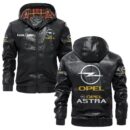 Custom Name Opel Astra PU Leather Hooded Jacket - Personalized Logo Car Motorcycle Model