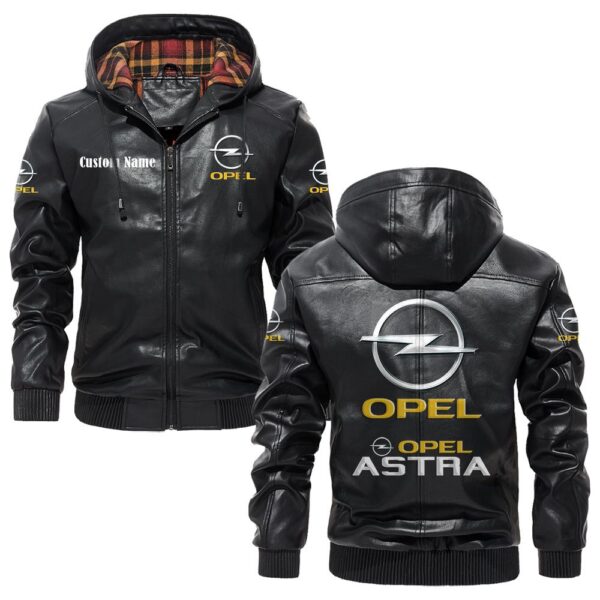 Custom Name Opel Astra PU Leather Hooded Jacket - Personalized Logo Car Motorcycle Model