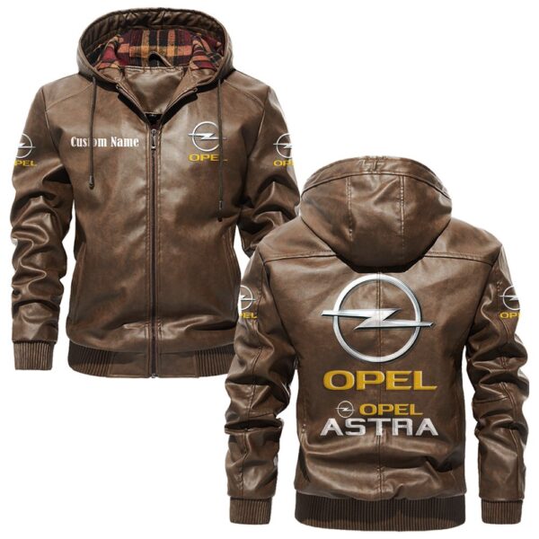 Custom Name Opel Astra PU Leather Hooded Jacket - Personalized Logo Car Motorcycle Model - Image 3