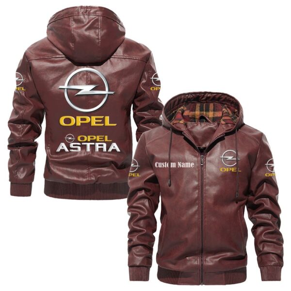 Custom Name Opel Astra PU Leather Hooded Jacket - Personalized Logo Car Motorcycle Model - Image 2