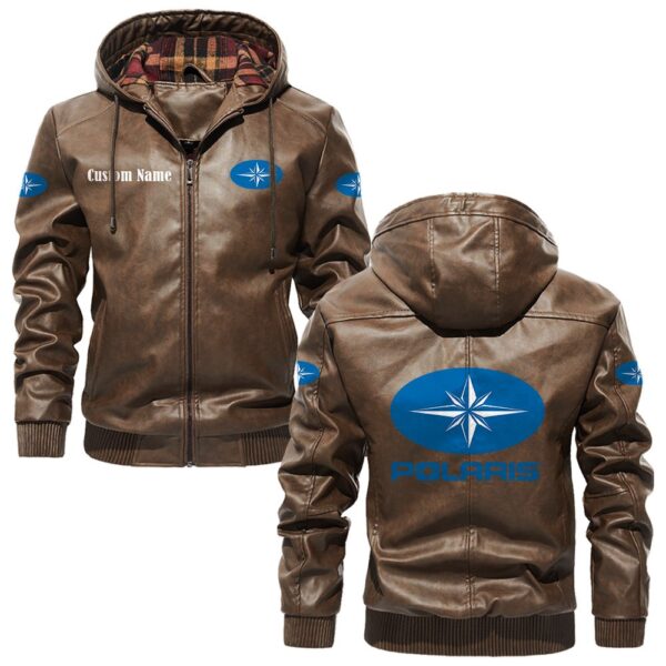 Custom Name Polaris PU Leather Hooded Jacket - Personalized Logo Car Motorcycle Model - Image 3