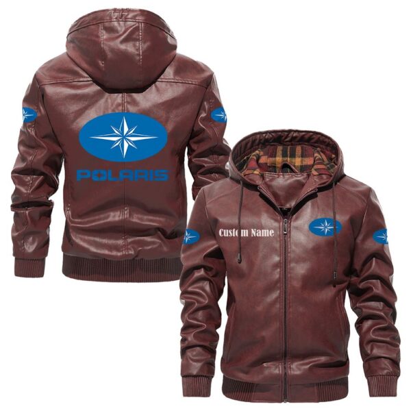 Custom Name Polaris PU Leather Hooded Jacket - Personalized Logo Car Motorcycle Model - Image 2