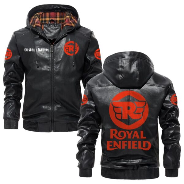 Custom Name Royal Enfield PU Leather Hooded Jacket - Personalized Logo Car Motorcycle Model