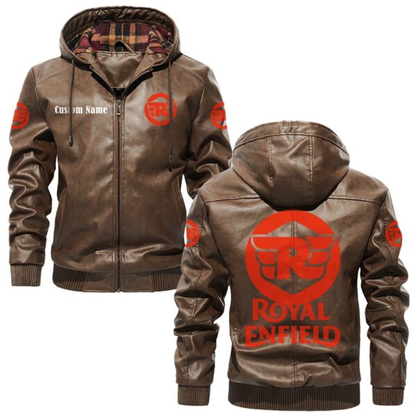 Custom Name Royal Enfield PU Leather Hooded Jacket - Personalized Logo Car Motorcycle Model - Image 3