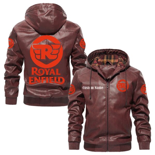 Custom Name Royal Enfield PU Leather Hooded Jacket - Personalized Logo Car Motorcycle Model - Image 2
