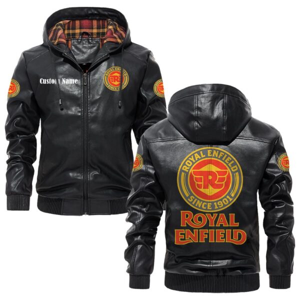Custom Name Royal Enfield 2 PU Leather Hooded Jacket - Personalized Logo Car Motorcycle Model