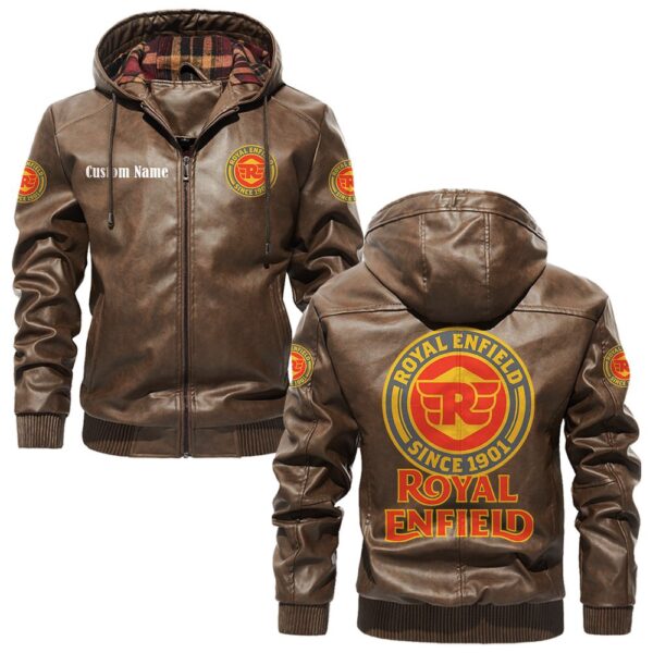 Custom Name Royal Enfield 2 PU Leather Hooded Jacket - Personalized Logo Car Motorcycle Model - Image 3