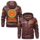Custom Name Royal Enfield 2 PU Leather Hooded Jacket - Personalized Logo Car Motorcycle Model