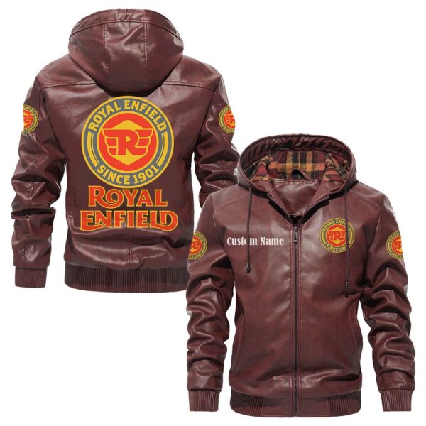 Custom Name Royal Enfield 2 PU Leather Hooded Jacket - Personalized Logo Car Motorcycle Model - Image 2