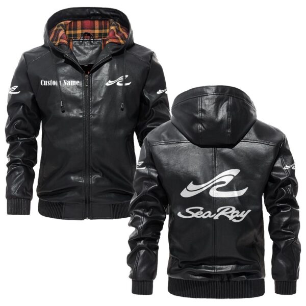 Custom Name Sea Ray PU Leather Hooded Jacket - Personalized Logo Car Motorcycle Model