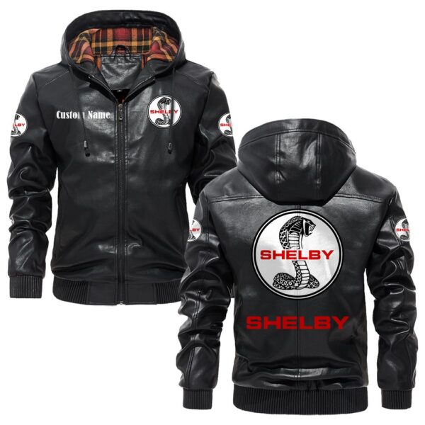 Custom Name Shelby PU Leather Hooded Jacket - Personalized Logo Car Motorcycle Model