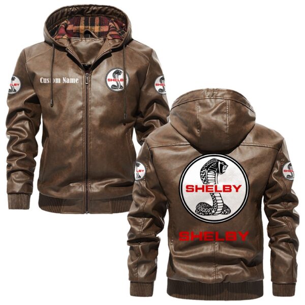 Custom Name Shelby PU Leather Hooded Jacket - Personalized Logo Car Motorcycle Model - Image 3